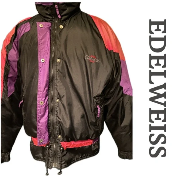 VINTAGE 80s 90s Edelweiss Skiwear Puffer Ski Jacket Snow Parka Black Pink Purple